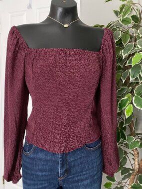 Abercrombie & Fitch Smocked Back Fitted Top with Balloon Sleeves - Burgendy - L